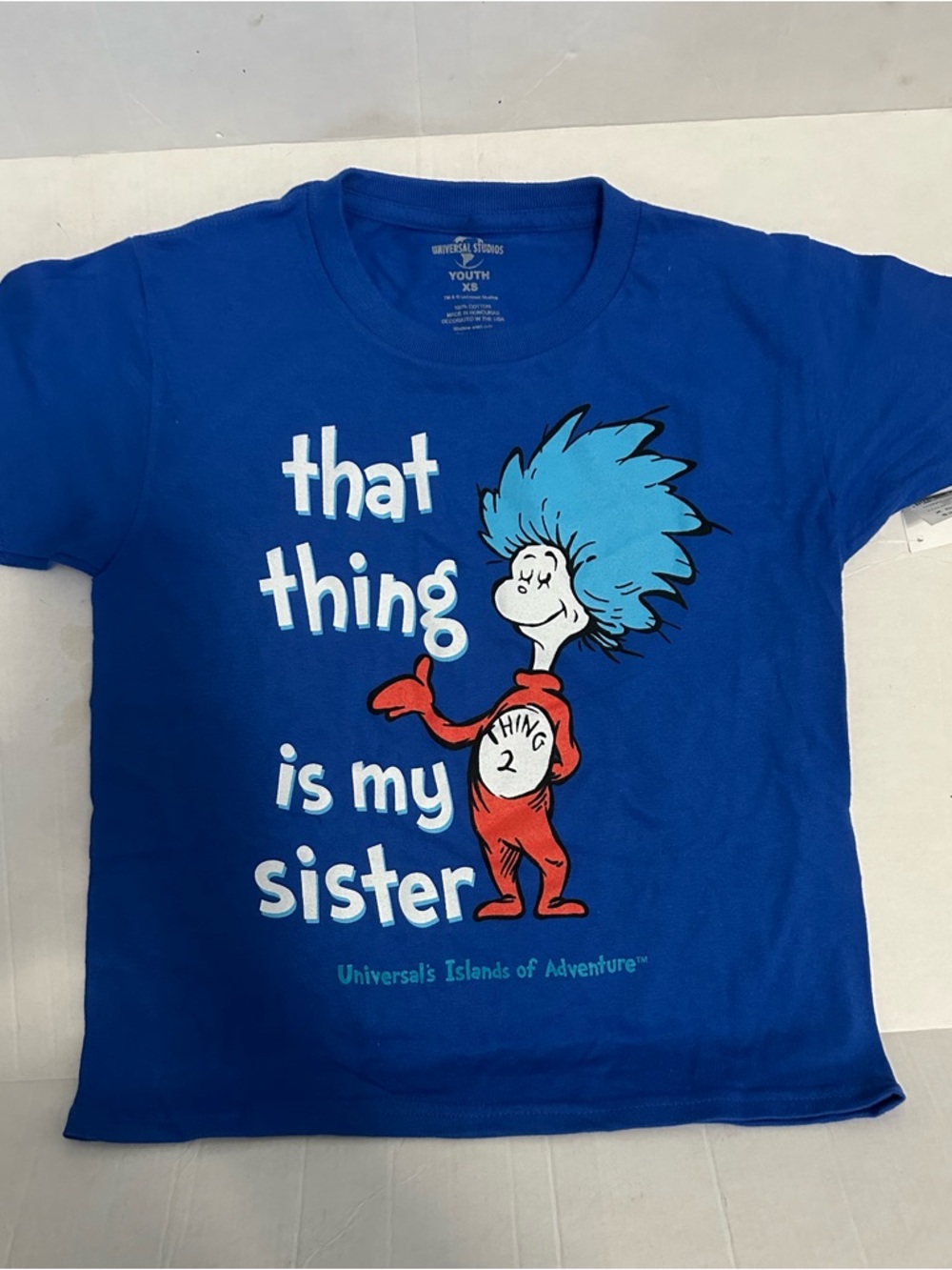 NWT Universal Studios Thing 2 Sister T Shirt Youth XS Blue Dr Seuss Tee